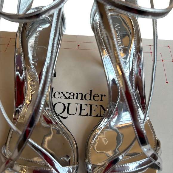 Alexander McQueen Metallic Silver Mirror Sandal Heels Ankle Straps Size 36 New - Picture 9 of 14